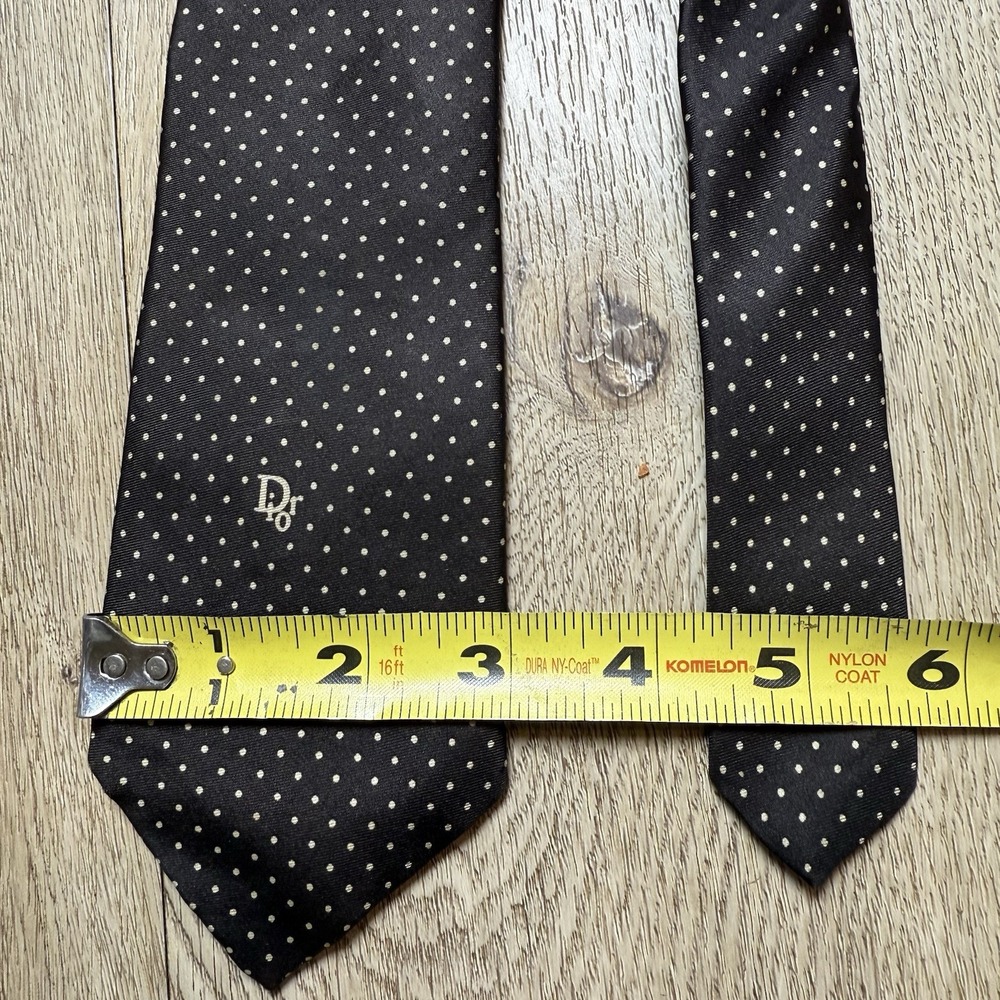 Christian Dior Cravates LOGO Vintage - Brown w/ White Polka Dots - ALL‎ SILK - Picture 5 of 5